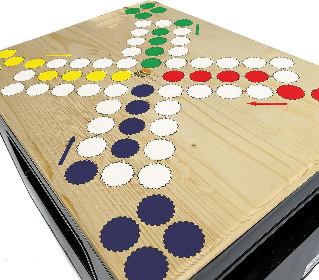 Bierkastensitz Raus mit dir inkl. Spielfiguren und Würfel als Geschenkidee, Sitzauflage aus Holz für