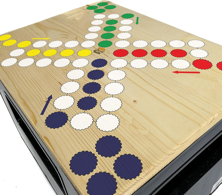 Bierkastensitz Raus mit dir inkl. Spielfiguren und Würfel als Geschenkidee, Sitzauflage aus Holz für