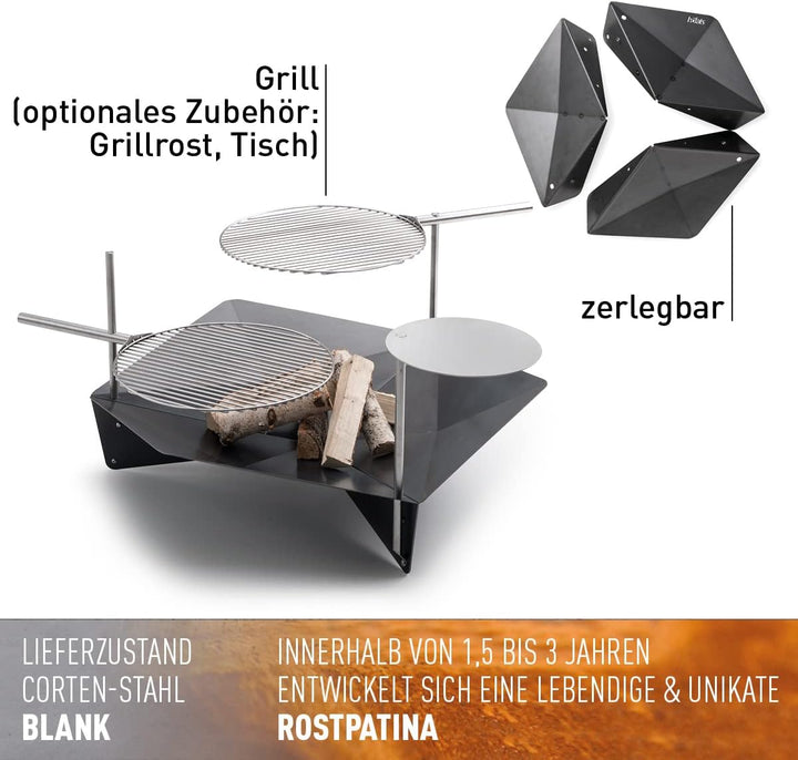 höfats - TRIPLE 90 Feuerschale - Design-Feuerstelle und Grill - für Terrasse und Garten - Corten-Sta