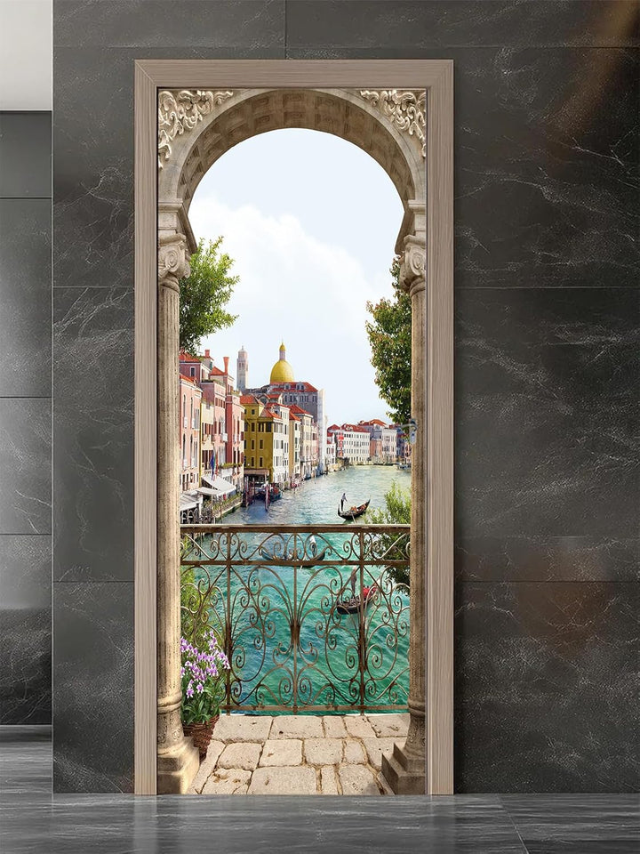 FLFK 3D Italien Flussseitenstadt Wohnzimmer Türtapete Wandbilder Selbstklebend Tür Poster Vinyl Entf