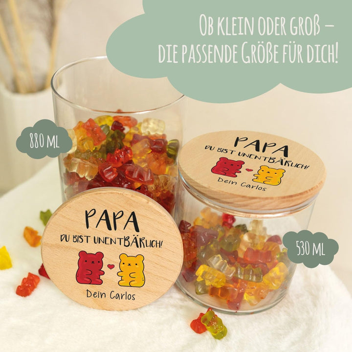 GRAVURZEILE Vorratsglas mit bedrucktem Holzdeckel - UnentBÄRlich Papa - Personalisiert mit Name - Ke