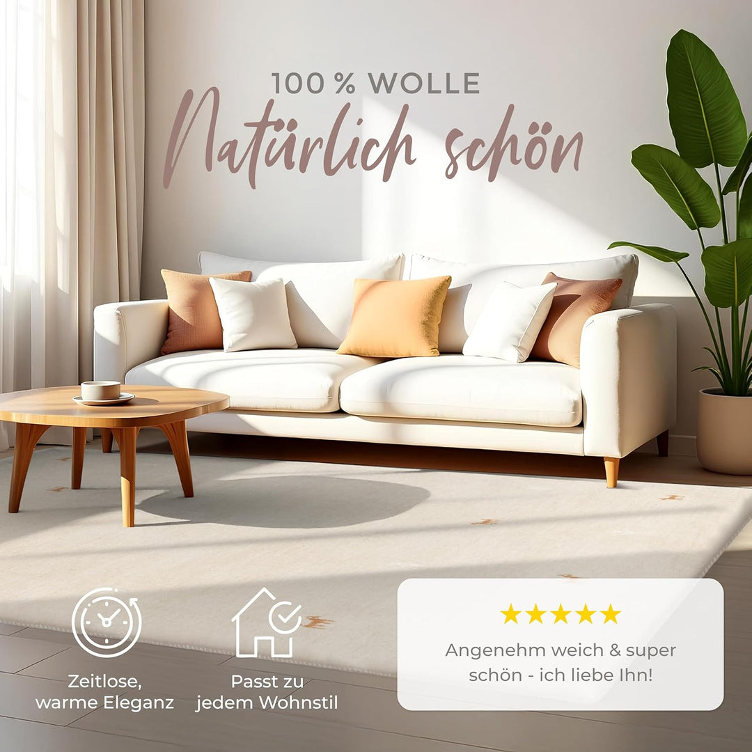 carpetfine Wollteppich Gabbeh Uni Beige 60x90 cm | Moderner Teppich für Wohn- und Schlafzimmer 60x90