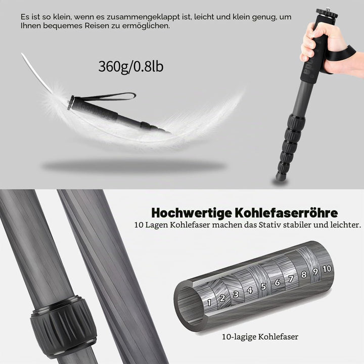 koolehaoda MP286C Einbeinstativ, Kohlefaser, 6-teilig, tragbar, Kompaktkamera-Einbeinstativ, Maximal