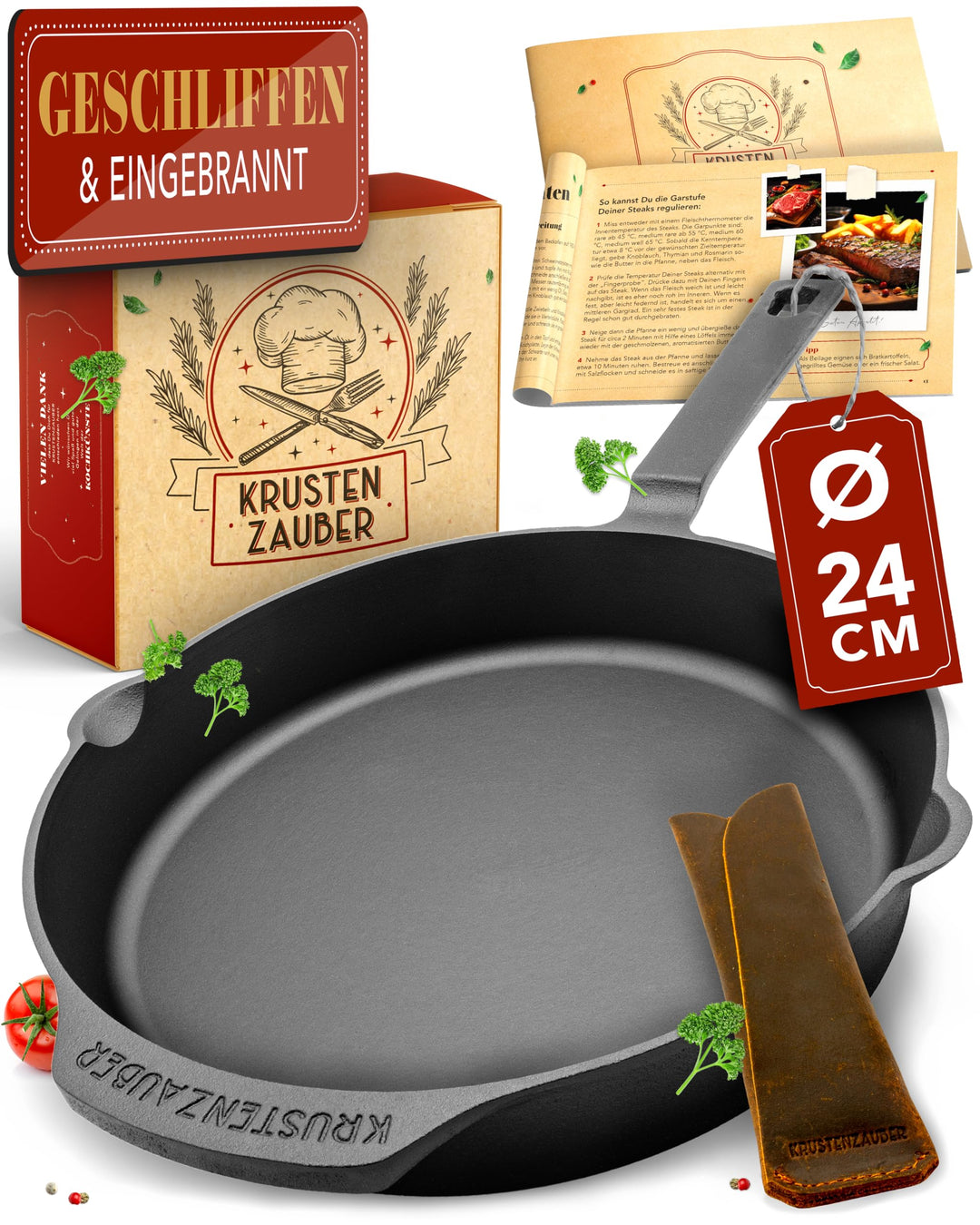 KRUSTENZAUBER Gusseisenpfanne Induktion 24cm inkl. Anleitung und Rezeptbuch - Geschliffene Pfanne Gu