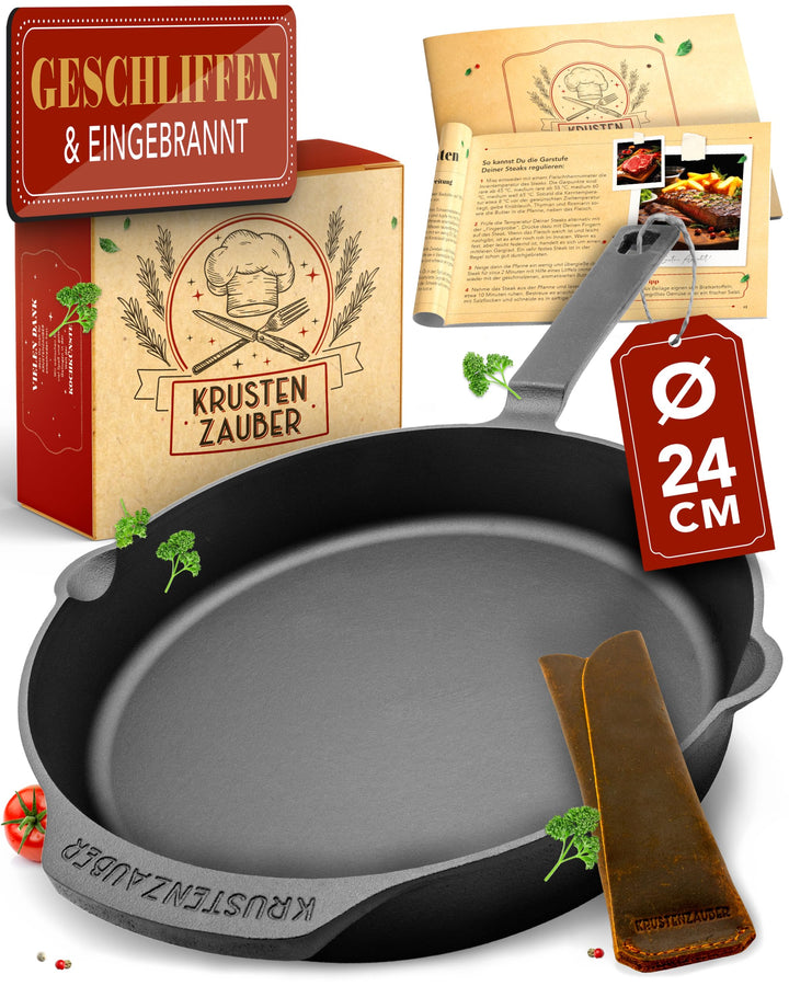 KRUSTENZAUBER Gusseisenpfanne Induktion 24cm inkl. Anleitung und Rezeptbuch - Geschliffene Pfanne Gu