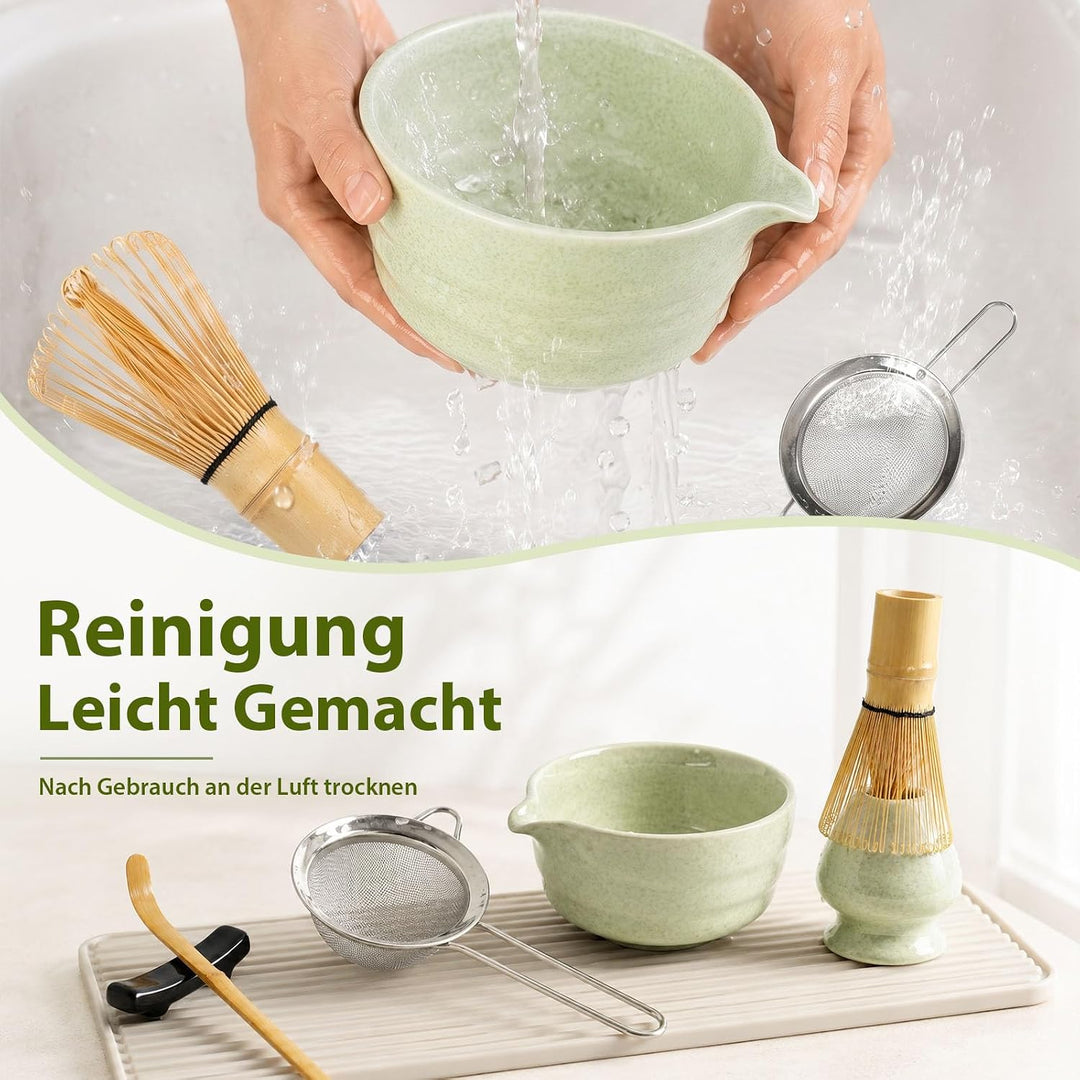 Matcha Set, 8 Stk Matcha Tee Set mit Keramik Matcha Schale mit Ausguss | Tropffreies Ausgiessen, Cre