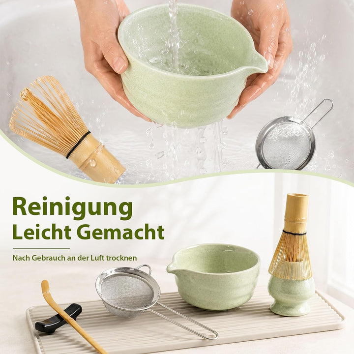 Matcha Set, 8 Stk Matcha Tee Set mit Keramik Matcha Schale mit Ausguss | Tropffreies Ausgiessen, Cre
