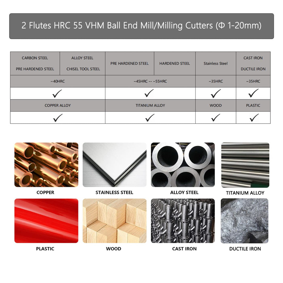 CREEYA 1 stücke Hartmetall Kugelkopffräser 18mm, 2 Zähne/2 Schneiden CNC Kugelfräser, HRC 55, AlTiN