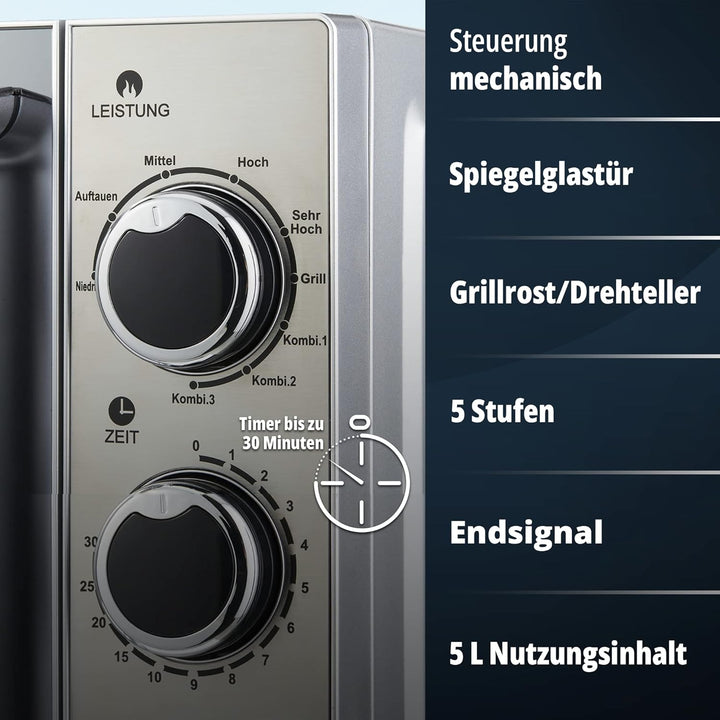 KHG Mikrowelle MW-20.1GSS mit Grill 20 L aus Metall in silber, 5 Leistungsstufen und 3 Kombinationss