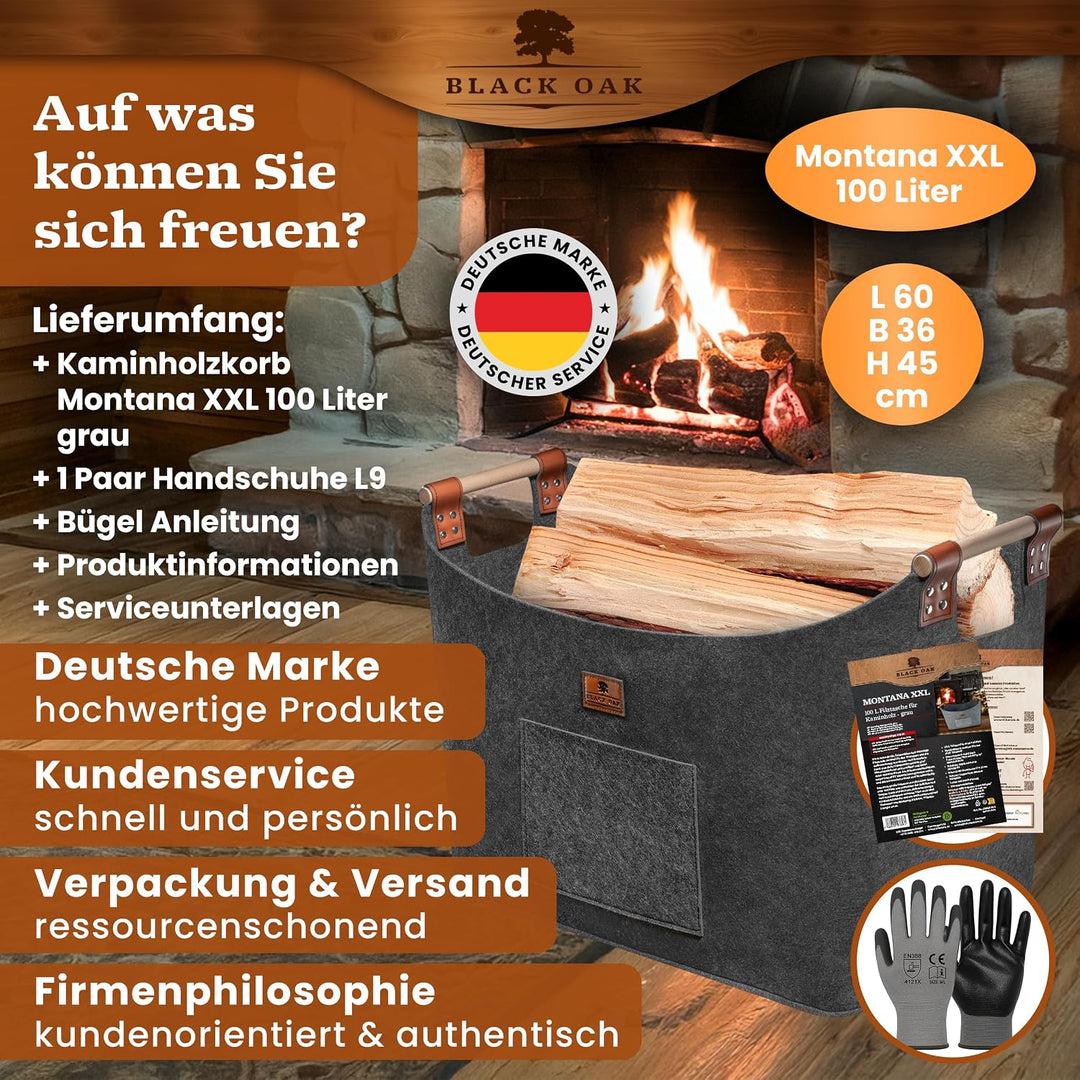 BLACK OAK Holzkorb MONTANA XXL 100L 60x36x45cm Filzkorb für Holz grau | Echt-Leder Applikation + bre
