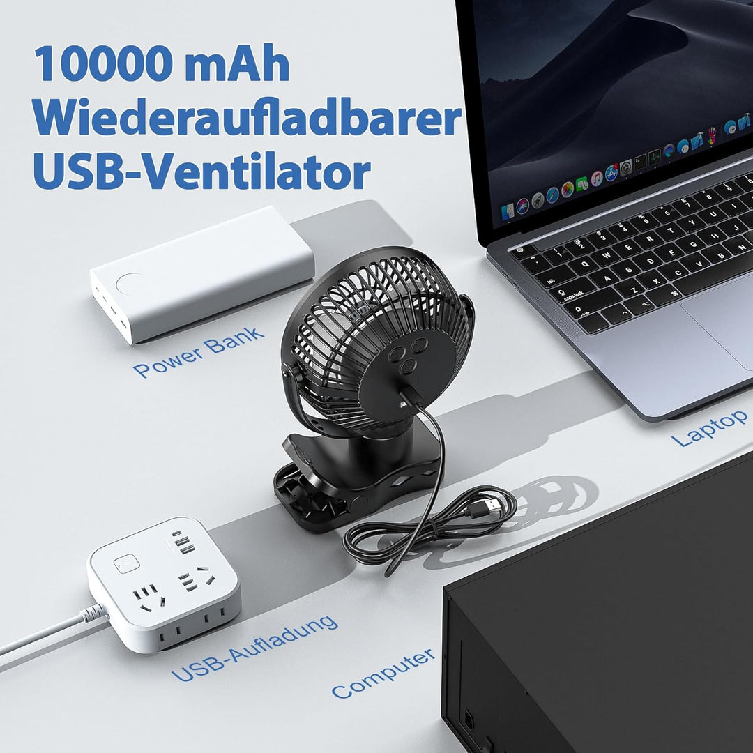 10000mAh USB Ventilator, Akku Camping Ventilator mit Fernbedienung, 360° Oszillation, Clip Ventilato