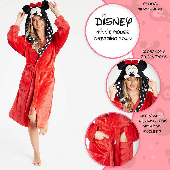 Disney Minnie Mouse Bademantel Damen, Morgenmantel Damen mit 3D Kapuze, Kuschelig Fleece Bademantel