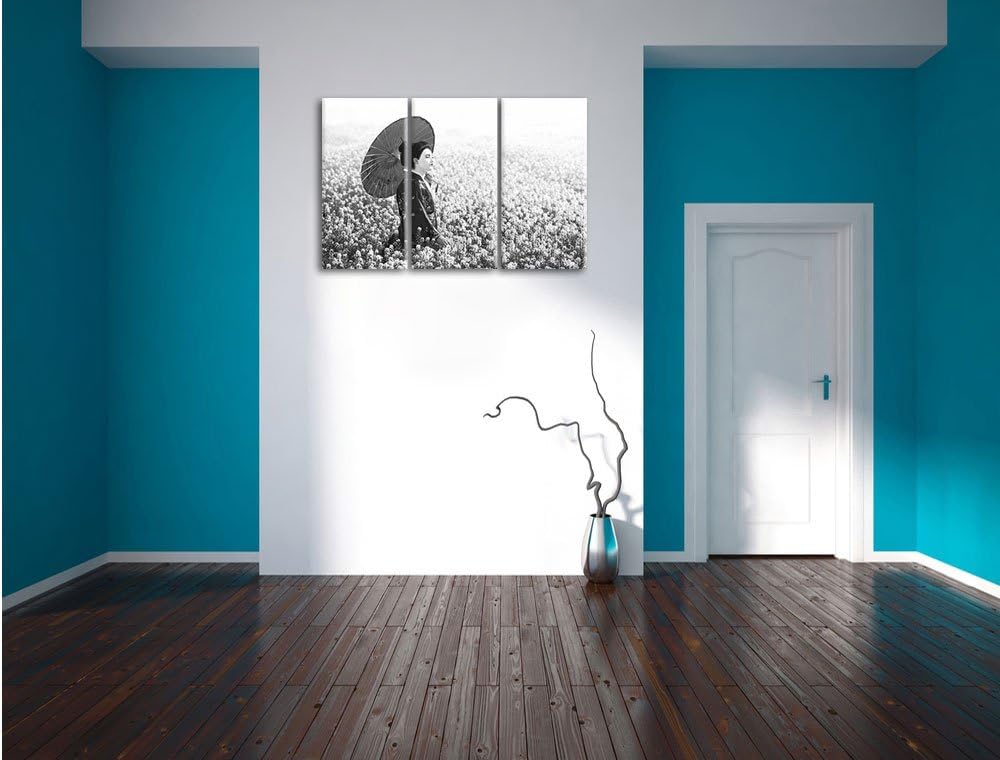 Pixxprint Geisha auf dem Feld Kunst B&amp;W / 3-Teilig/Gesamtmass 120cm Leinwandbild bespannt auf Holzra