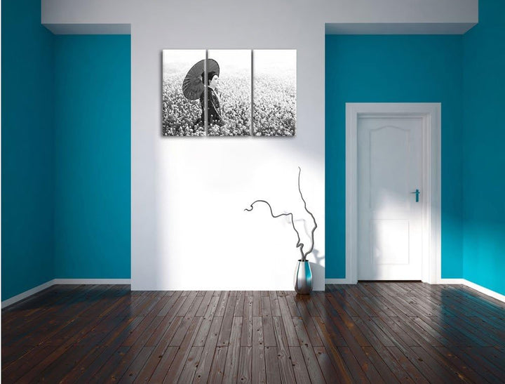 Pixxprint Geisha auf dem Feld Kunst B&amp;W / 3-Teilig/Gesamtmass 120cm Leinwandbild bespannt auf Holzra