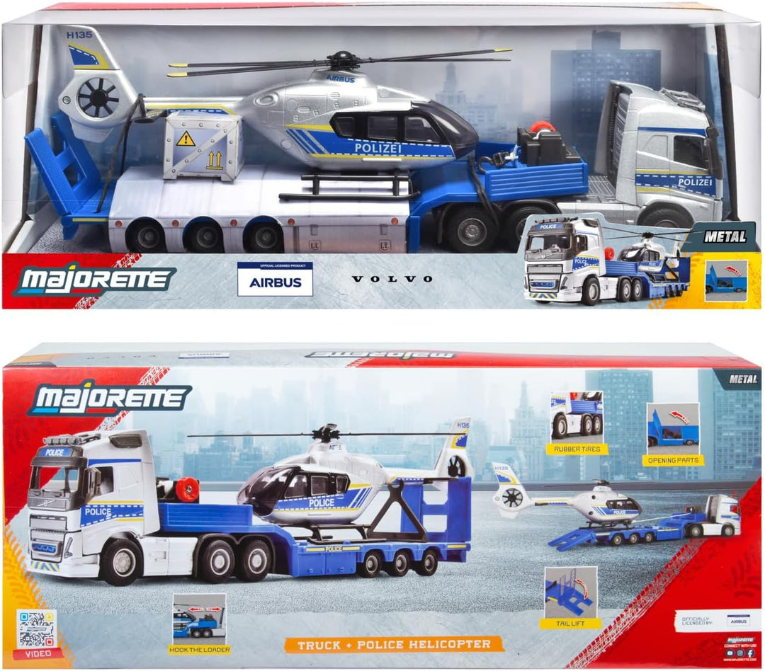 Majorette - Volvo Polizei-Transporter FH-16 (35 cm) – LKW mit Auflieger und Airbus Hubschrauber (25,
