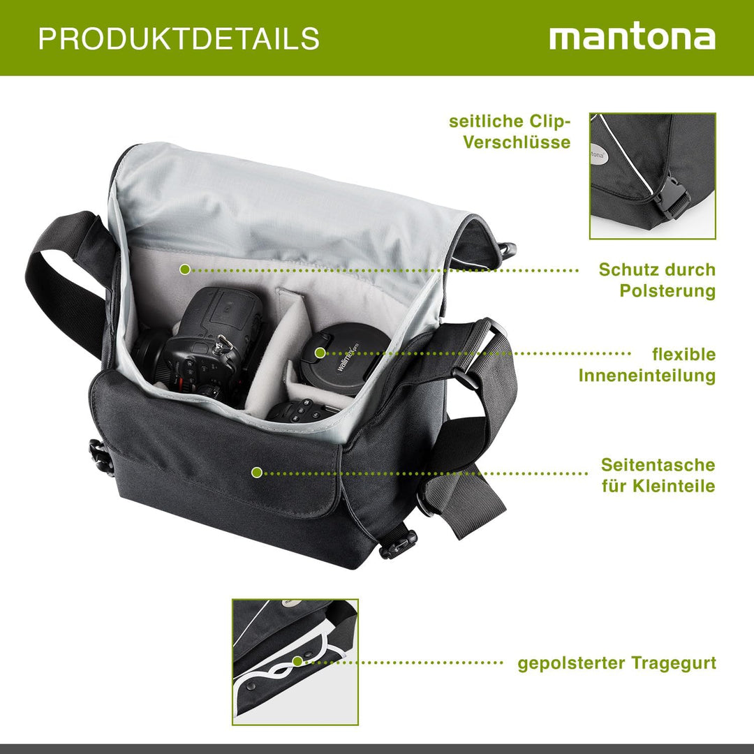 Mantona 111061 Mondstein SLR-Kameratasche (Messenger Bag, Universaltasche) schwarz/weiss