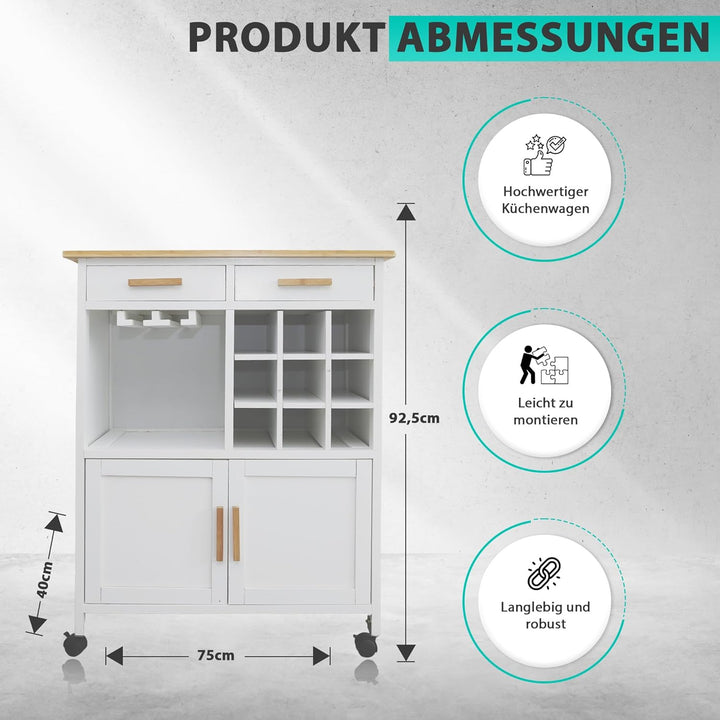 DRULINE Servierwagen Beistellwagen 40x75x92,5 cm, Multifunktionaler Küchentrolley mit Extra viel Sta