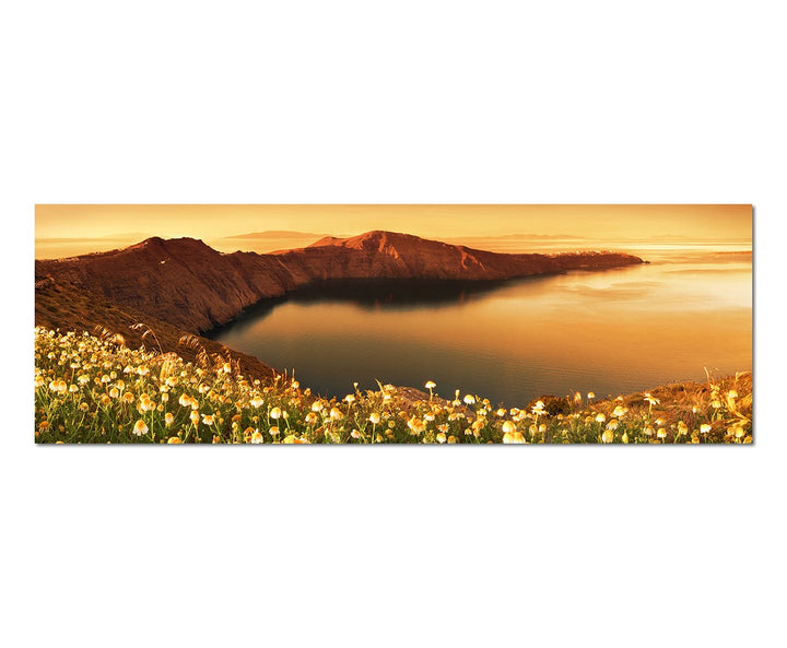 Paul Sinus Art Panoramabild auf Leinwand und Keilrahmen 150x50cm Santorini Landschaft Blumen Berge M