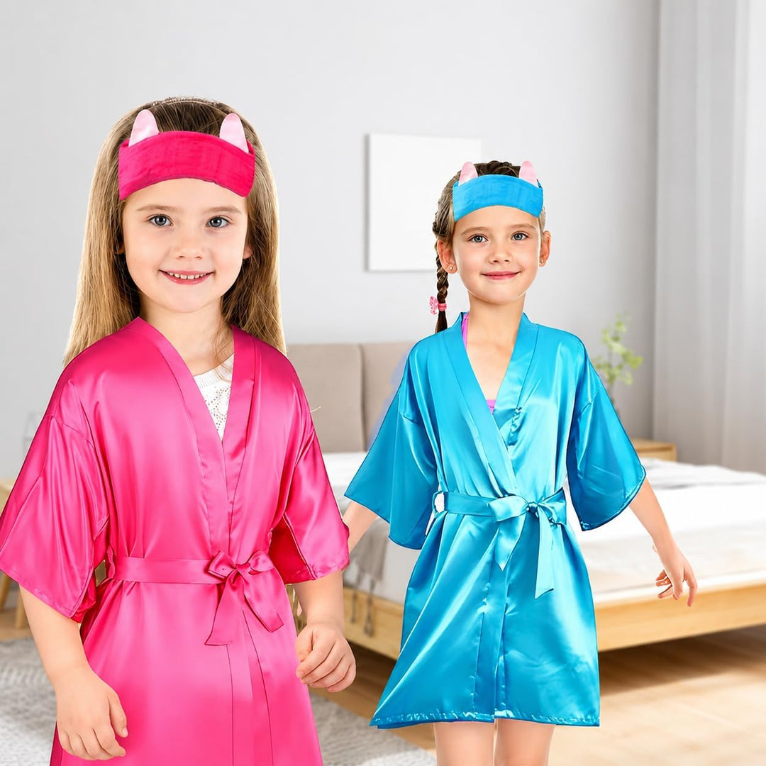 LYCN 10 Stück Spa Bademantel Mädchen, Satin Kimono Bademantel mit 10 Seiden-Augenmasken und 10 Haarb