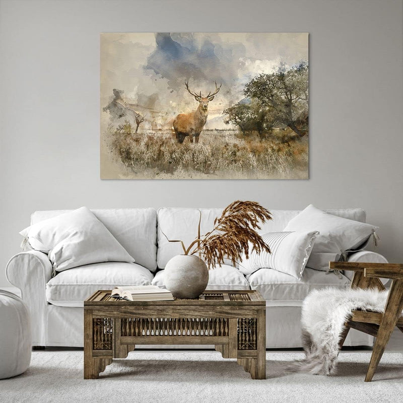 Bilder auf Leinwand 100x70cm Leinwandbild mit Rahmen rotwild natur Gross Wanddeko Bild Schlafzimmer