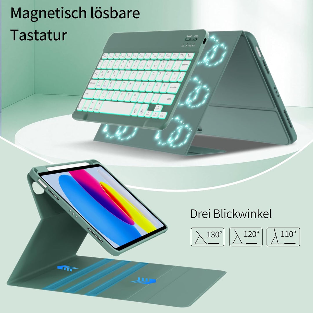 Hülle mit Tastatur für iPad A16 11/10 Generation (2025/2022, 11/10.9 Zoll)- 7 Farben Beleuchtete Mag