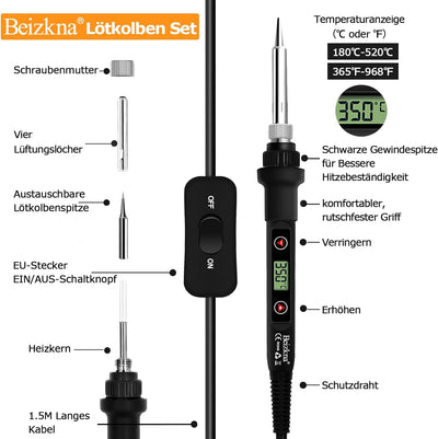 Lötkolben Set 80W LCD Einstellbar Temperatur 180-520°C Lötkolben mit Ein/Aus Schalter, 50g Lötdraht,