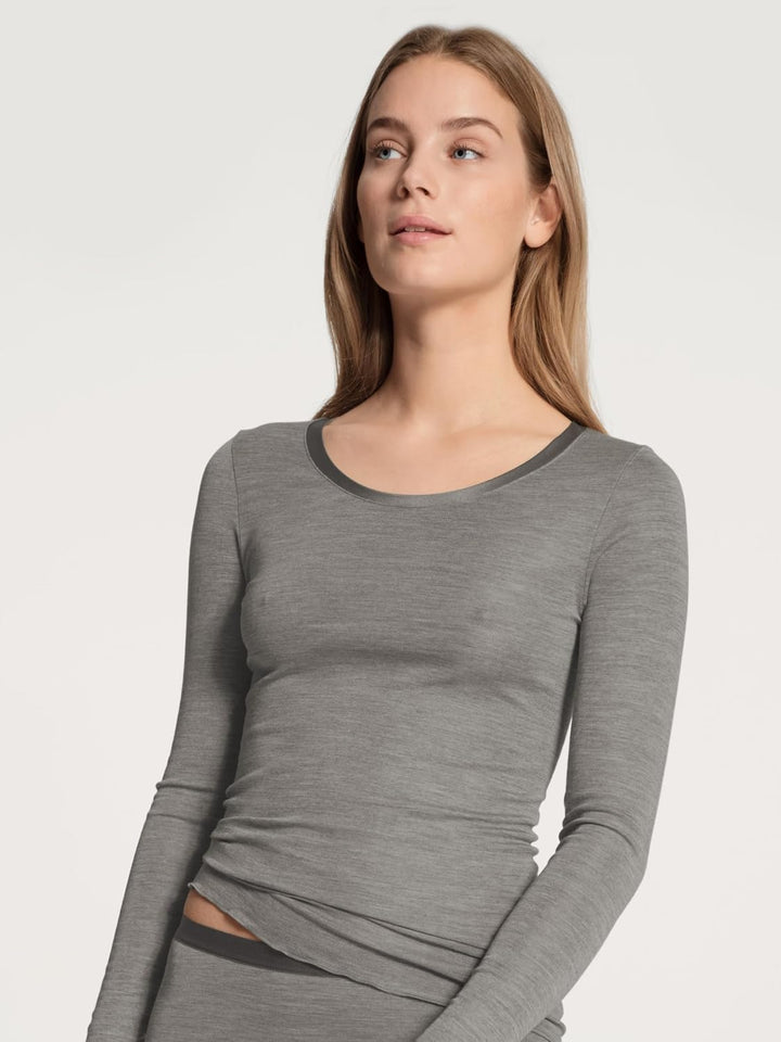 CALIDA True Confidence Langarmshirt Damen, aus Wolle-Seide, Feinripp, temperaturausgleichend und ger