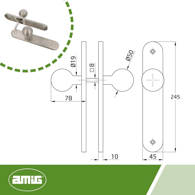 Amig - Runde Drehknauf-Set für Innentüren Mod. 11GP | Ø 62 x 77 mm | rechteckige Plattenverkleidung