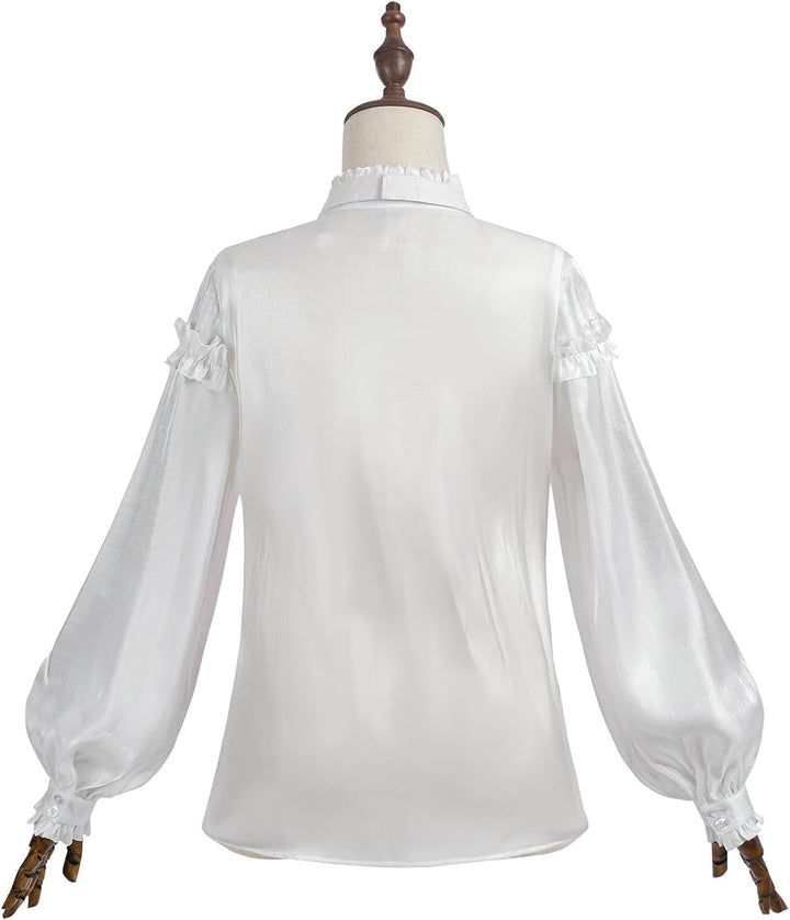 Damen Viktorianisch Bluse Vintage Schleifenhemd Stehkragen mit Ruff Langarmshirt Mittelalter Bluse L