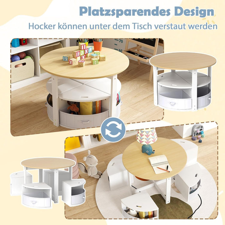 FANTASK Kindertisch mit 4 Stühlen, Kinder Tisch Stuhl Set inkl. Maltisch, 4 Stauraumhocker & 4 Stoff
