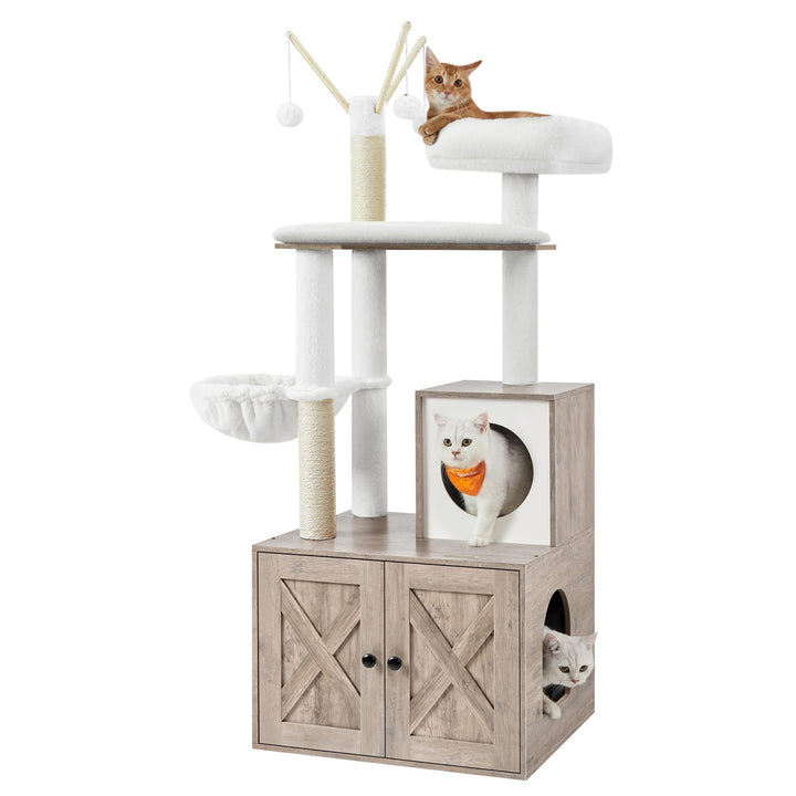 Feandrea Kratzbaum mit Katzenklo-Schrank, 150 cm hoch, 2-in-1 Katzenbaum, Schrank für Katzentoilette