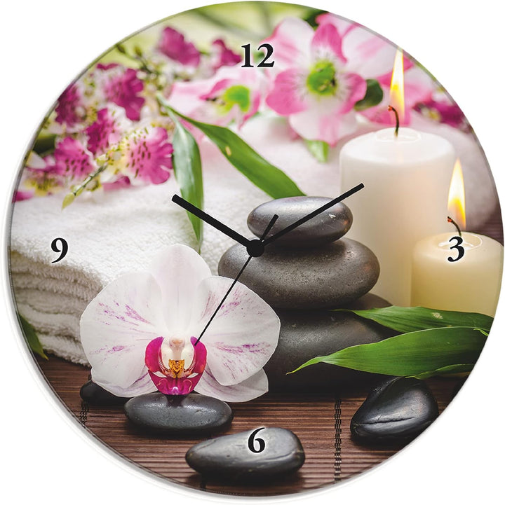 ARTLAND Wanduhr ohne Tickgeräusche Glas Quarzuhr Ø 30 cm Rund Lautlos Zen Steine Orchideen Blumenmot