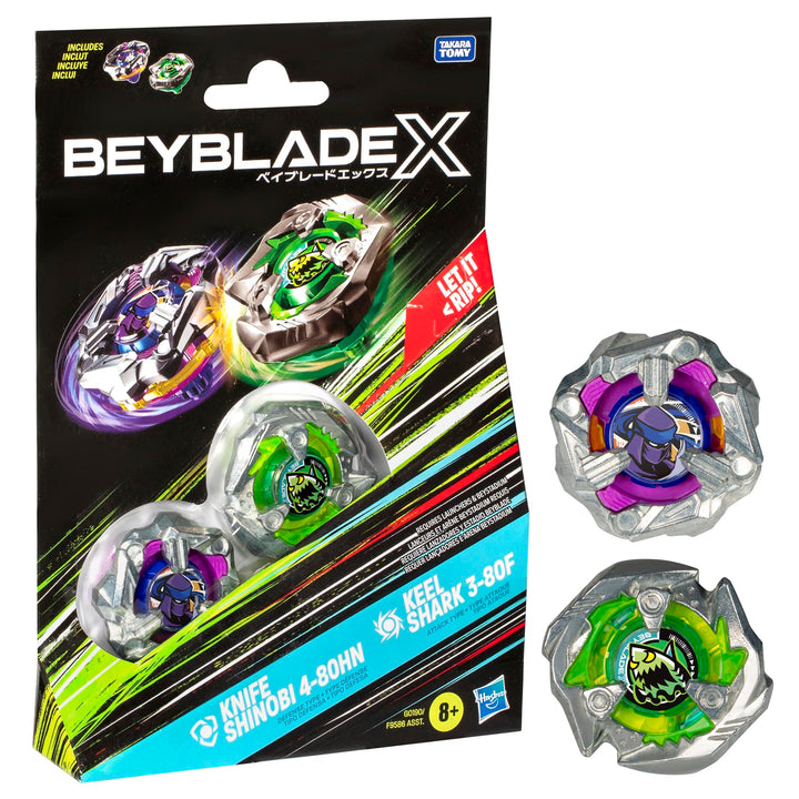 Beyblade X Knife Shinobi 4-80HN und Keel Shark 3-80F Kreisel Dual Pack, mit X-Celerator, mit 2 Klick