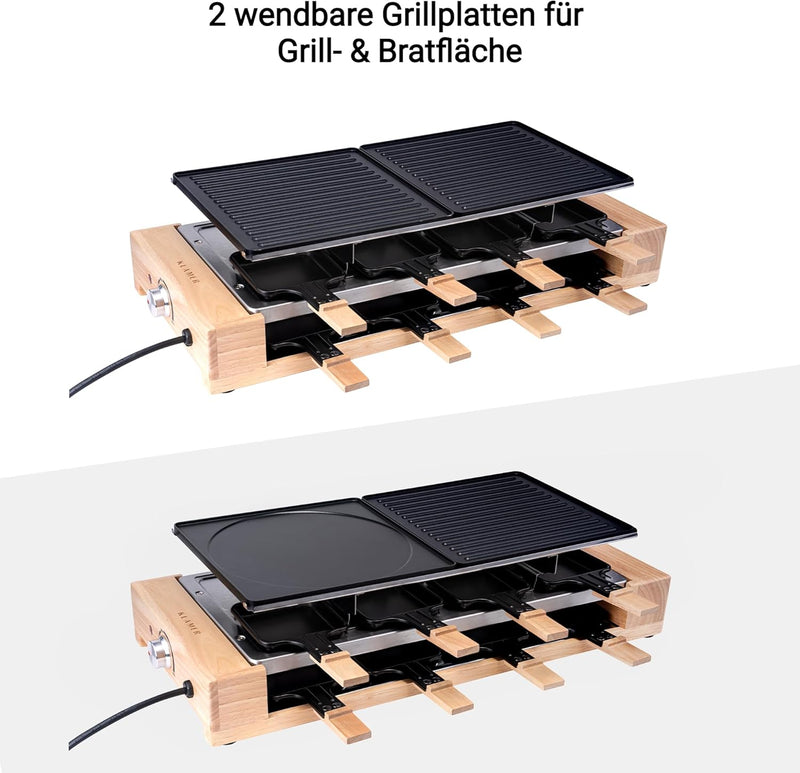 KLAMER Raclette 8 Personen, 1500W Raclette Grill mit Holzgestell, Raclette mit antihaftbeschichteter