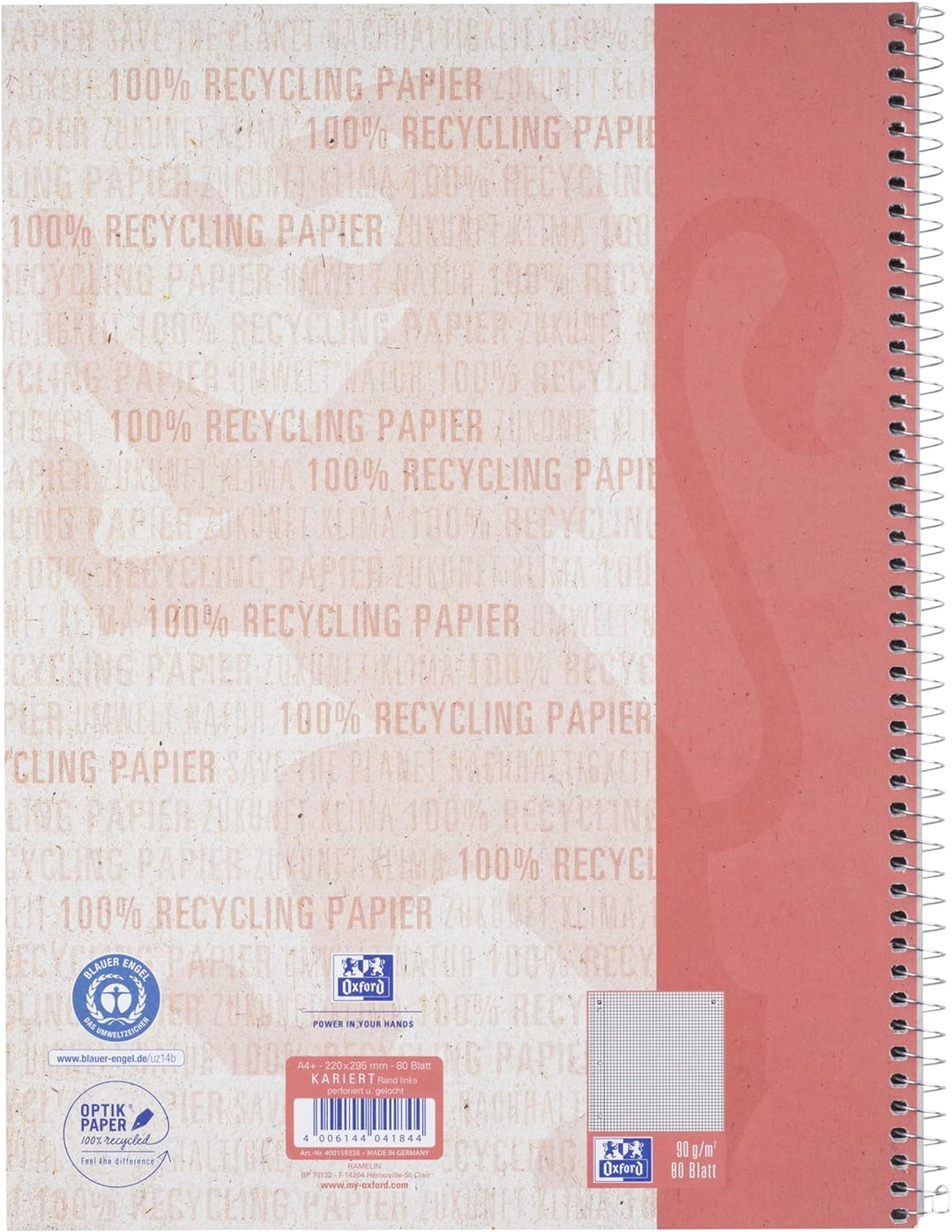 Oxford Recycling Collegeblock A4 kariert Rand links, 80 Blatt, 10 Stück A4 kariert mit Rand links, A