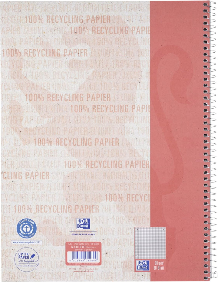 Oxford Recycling Collegeblock A4 kariert Rand links, 80 Blatt, 10 Stück A4 kariert mit Rand links, A