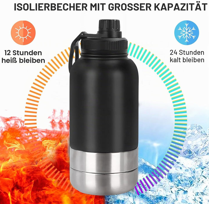 Pets Hundetrinkflasche für Unterwegs, 950ml Isolierte Edelstahl Trinkflasche Hunde mit Futterbehälte