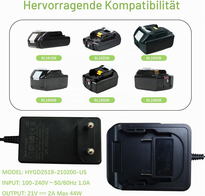 18-V-Schnellladegerät, kompatibel mit Makita 18-V-Lithium-Ionen-Akku für Makita BL1815 BL1850 BL1830