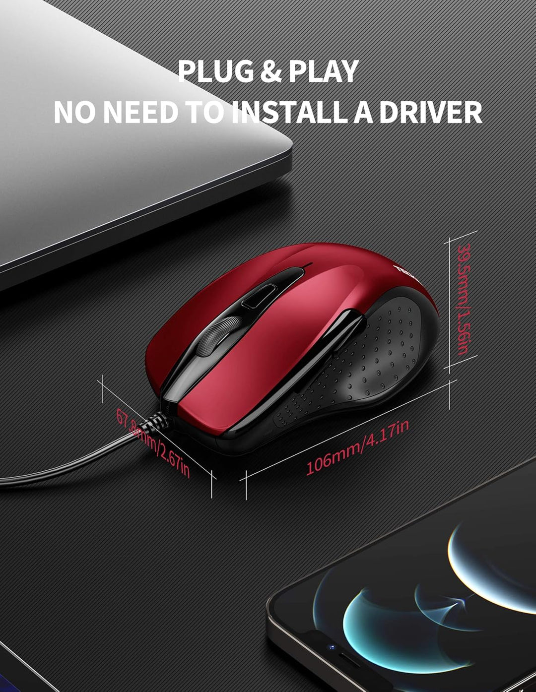 TECKNET Maus mit Kabel, Computermaus mit 6 Tasten, 6400 DPI, Ergonomisches Optical Business Kabelgeb
