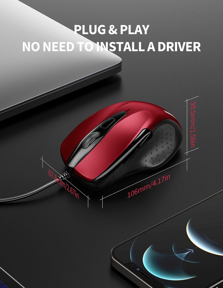 TECKNET Maus mit Kabel, Computermaus mit 6 Tasten, 6400 DPI, Ergonomisches Optical Business Kabelgeb