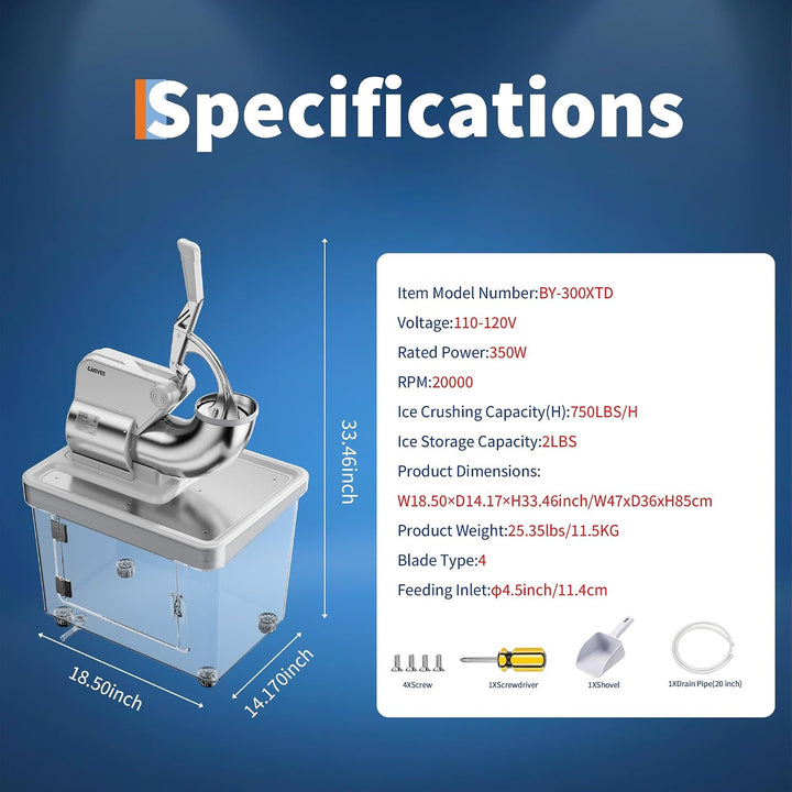 Garvee Leistungsstarker Eiscrusher 300W – Doppelte Edelstahlklinge, 50L Behälter, bis 300kg/h – Elek
