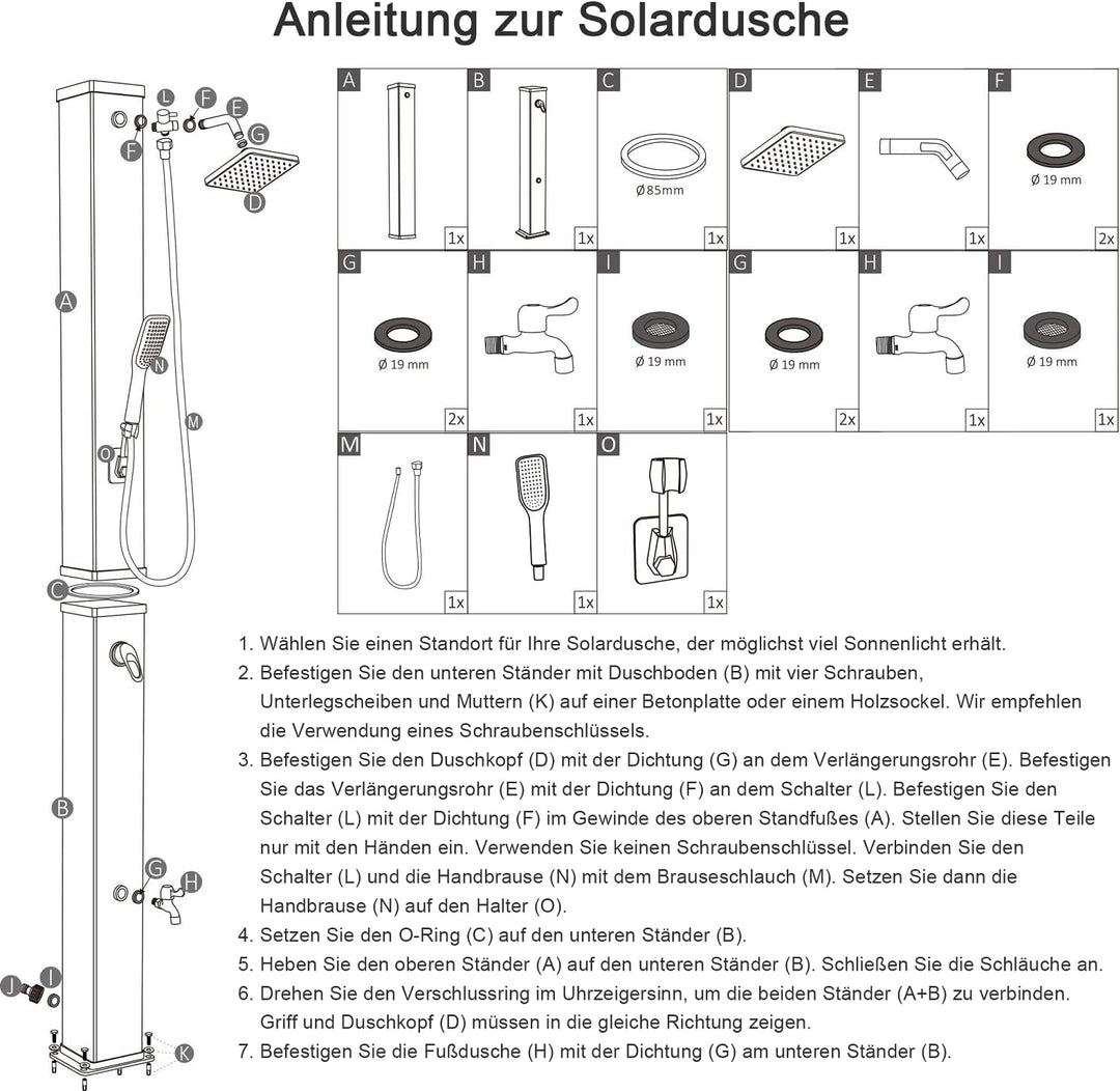 Elbe Solardusche 40L Solar Gartendusche mit Handbrause Wanneneinlauf und Regenduschkopf, Wassertempe