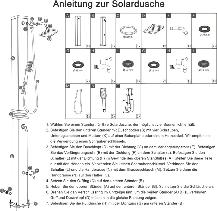 Elbe Solardusche 40L Solar Gartendusche mit Handbrause Wanneneinlauf und Regenduschkopf, Wassertempe