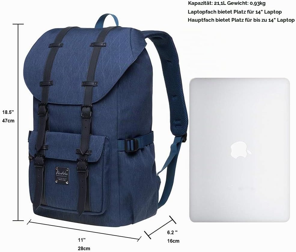 KAUKKO Rucksack Damen Herren Daypack mit Laptopfach für 14 Zoll Notebook für Freizeit Job Uni Reisen