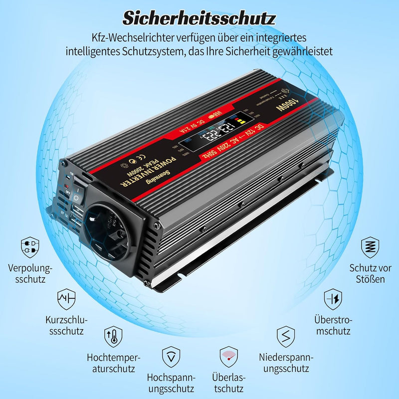 Seamuing 2000W Wechselrichter DC 12V auf AC 240V Spannungswandler 1 AC Steckdose & 2 USB Port Stromw