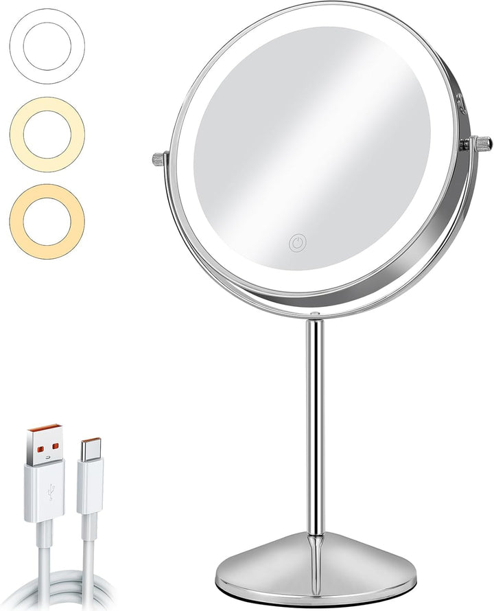 8 Zoll Schminkspiegel mit Beleuchtung,1X/10X Kosmetikspiegel, Doppelseitiger Tischspiegel, USB Wiede