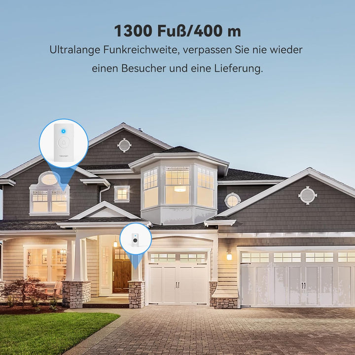 TECKNET Funkklingel, kabelloses Türklingel Batteriebetrieben, wasserdichte Türklingel Set mit 400M k