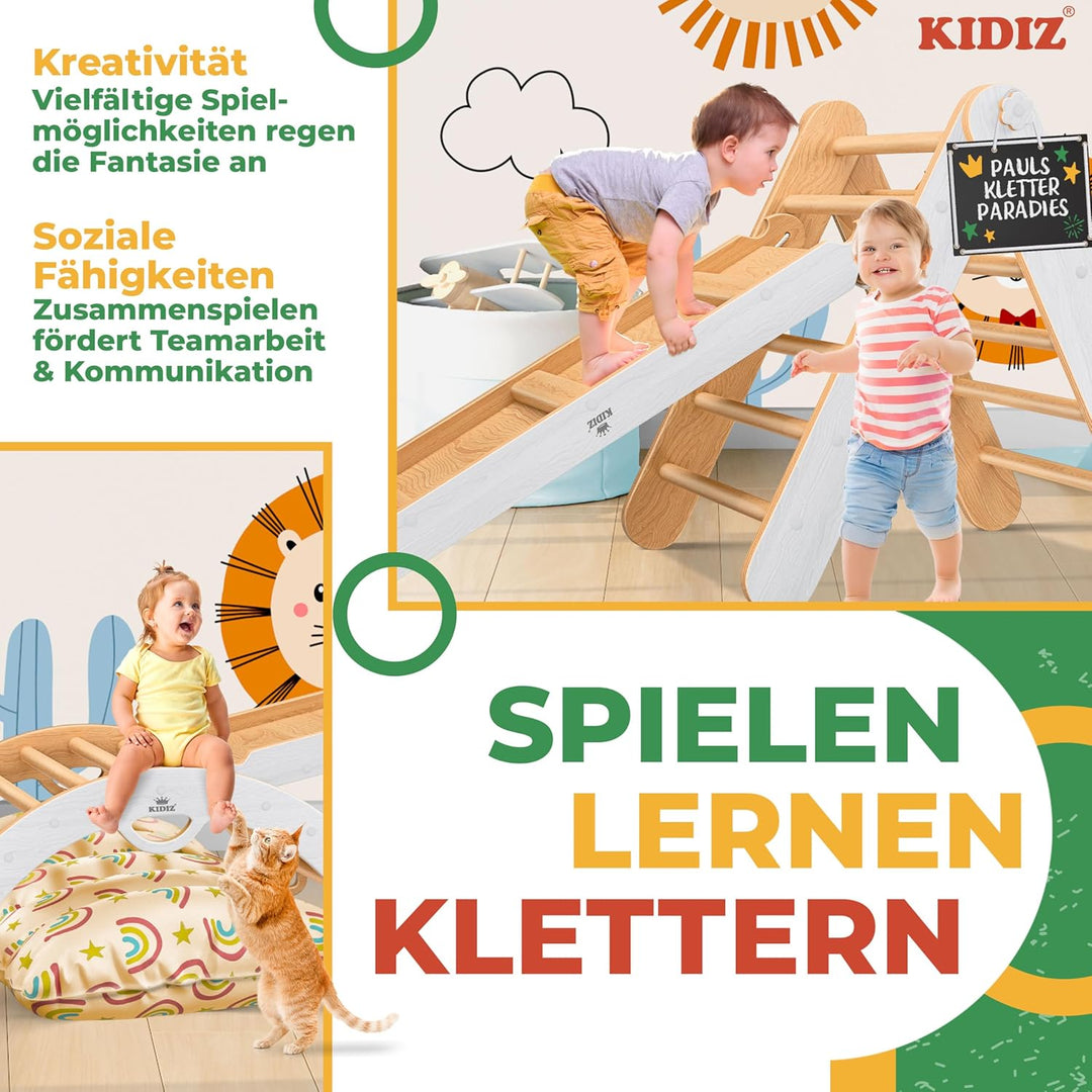 Kidiz® Klettergerüst Montessori 7in1 Spiel-Set mit Kletterbogen Rutsche Kletterdreieck aus Holz inkl