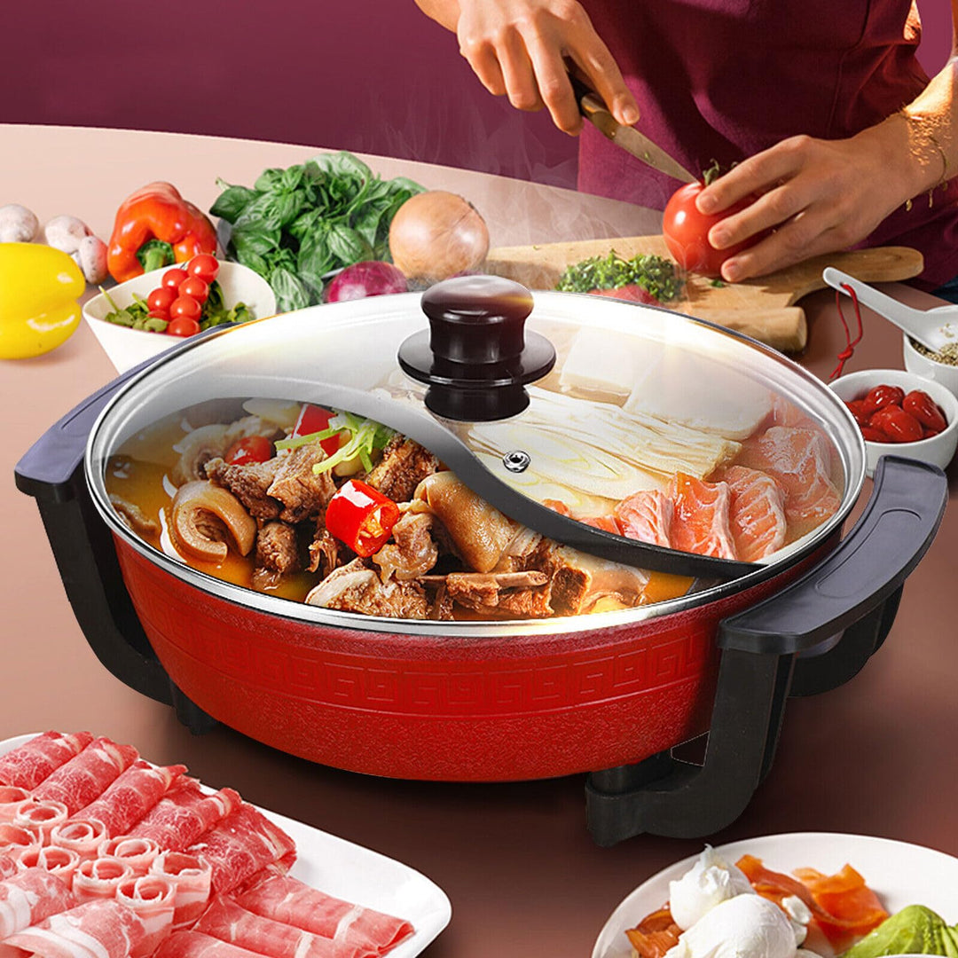 1300W Multifunktionaler Elektrischer Fonduetopf mit Heizboden und Deckel 6 Liter 2 Fächer Shabu Shab
