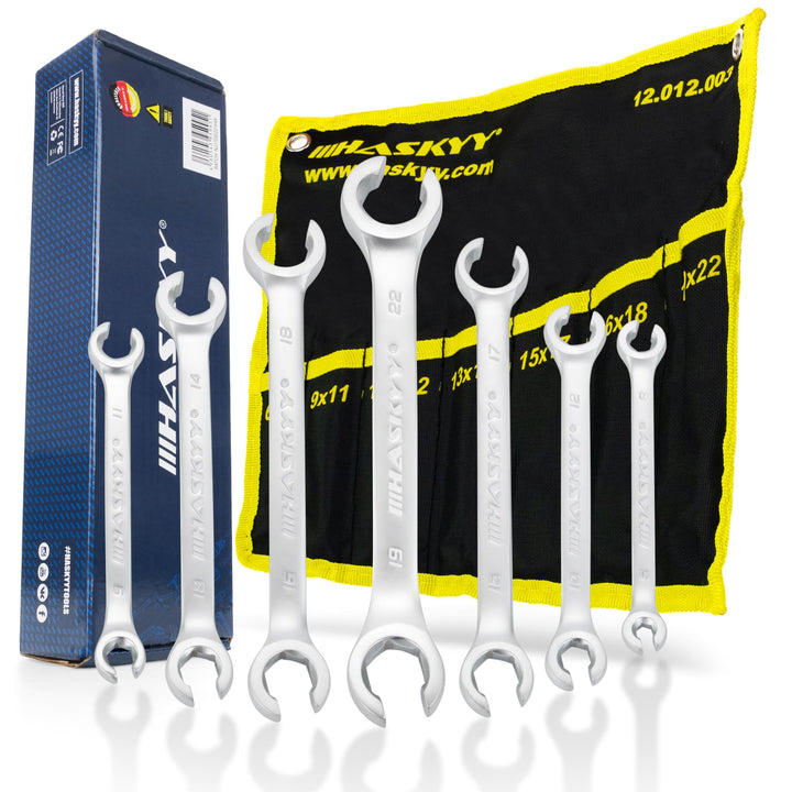 HASKYY Bremsleitungsschlüssel Set Maulschlüssel offener 7 tlg. Doppelringschlüssel 6-22 mm Satz Ring